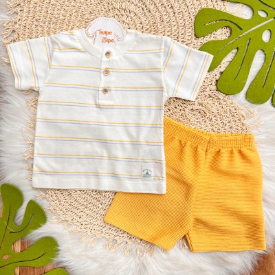 Conj. Camiseta Listrada com Botões e Bermuda - Laranja e Azul 